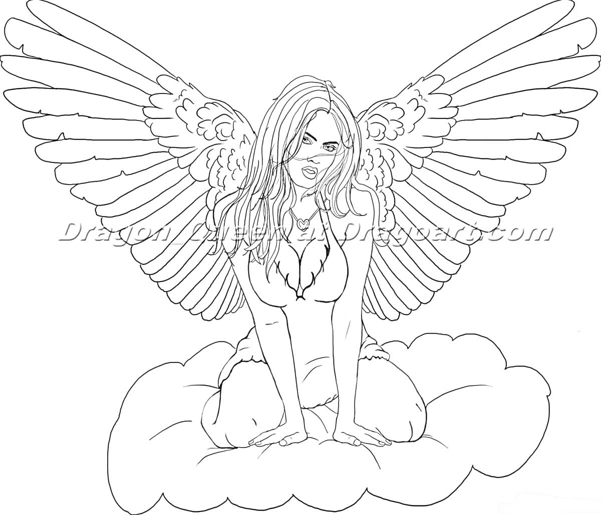 На раскраске изображено: Девочка, Крылья, Ангел, Волосы, Платье