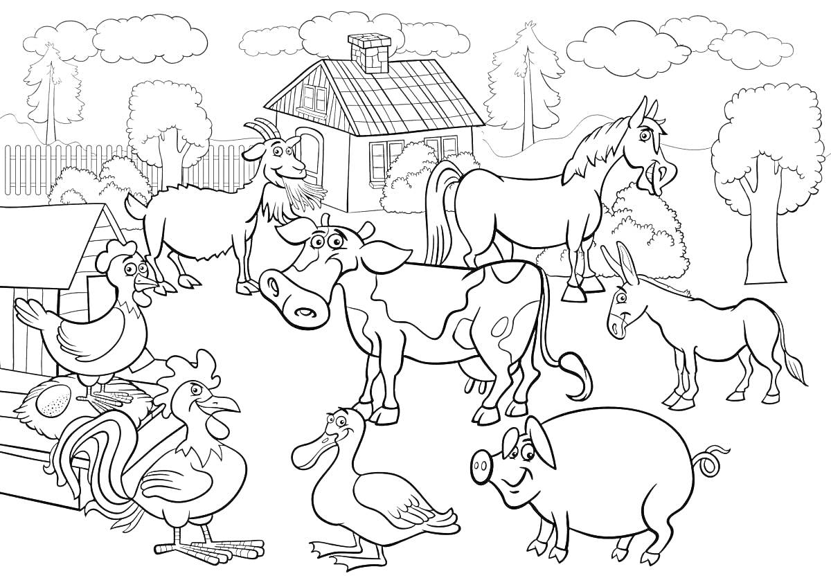 Раскраска Домашние животные на ферме: корова, коза, лошадь, осёл, свинья, утка, курица, петух