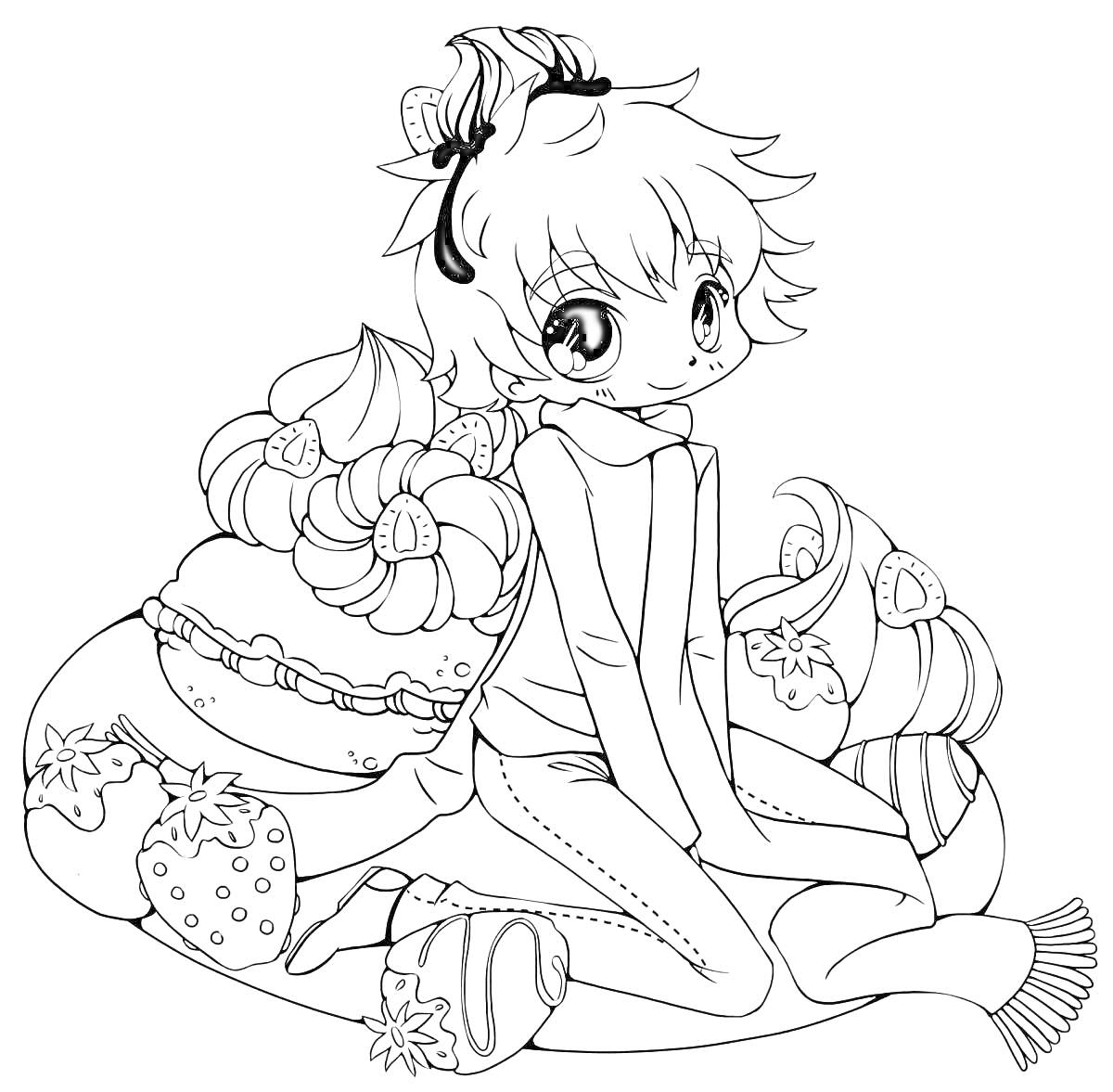 Раскраска Девочка в аниме стиле сидит с ягодами и сладостями