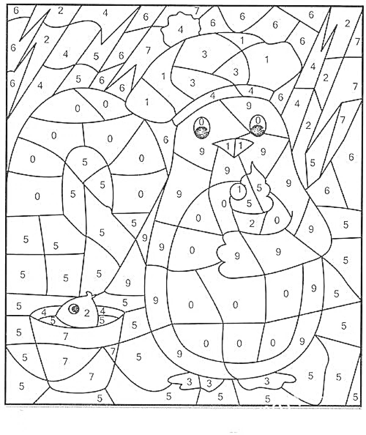 На раскраске изображено: Шапка, Шарф, Рыба, Лед, Зима, Пингвины
