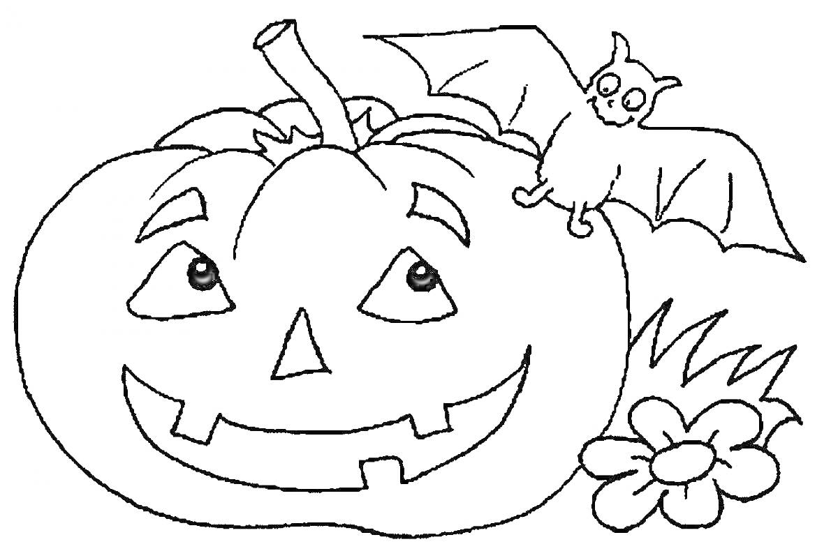 На раскраске изображено: Тыква, Хэллоуин, Летучая мышь, Лицо, Трава, Цветы, Украшения, Праздники