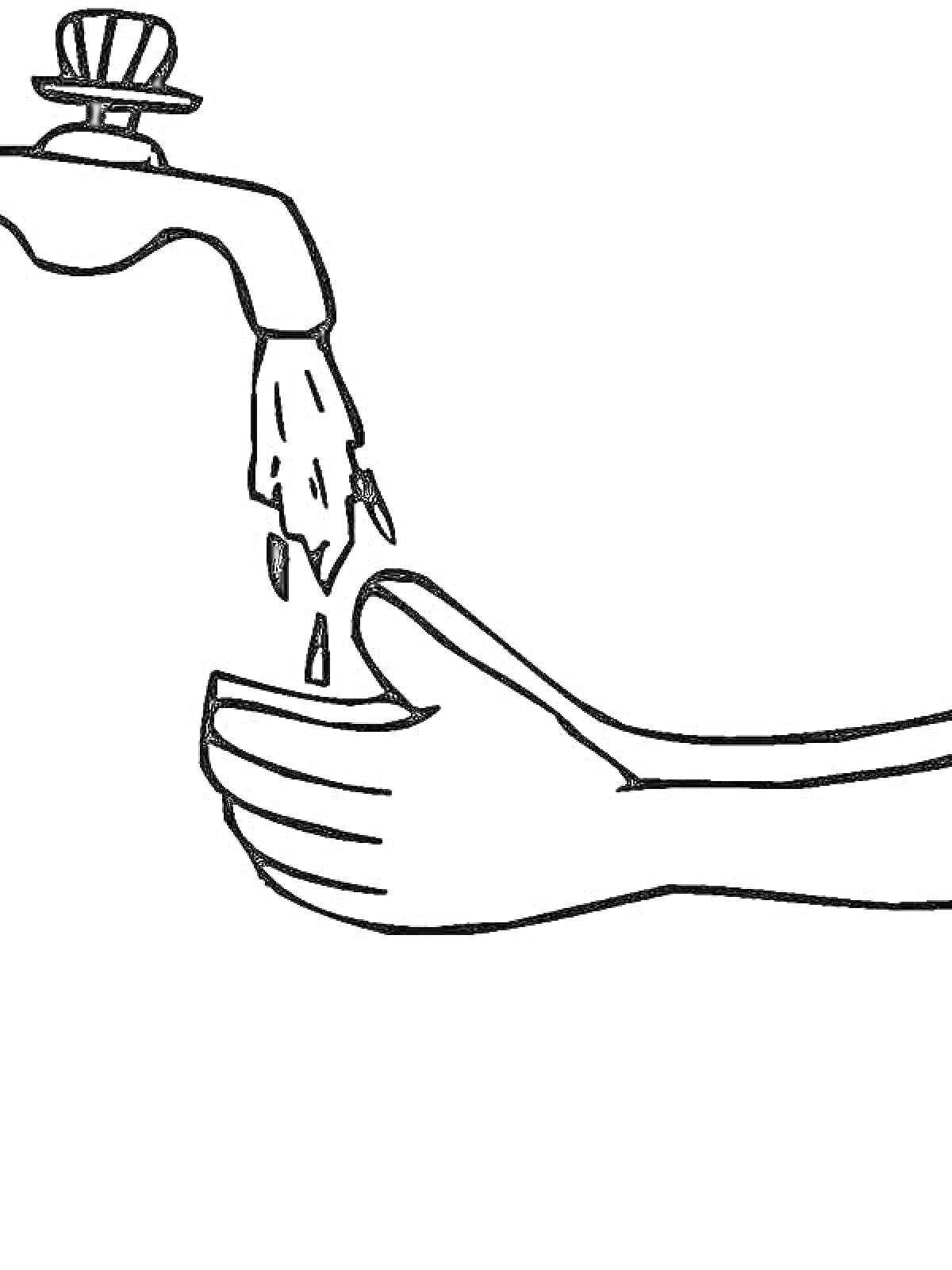 На раскраске изображено: Гигиена, Мытье рук, Вода, Кран, Чистота, Здоровье