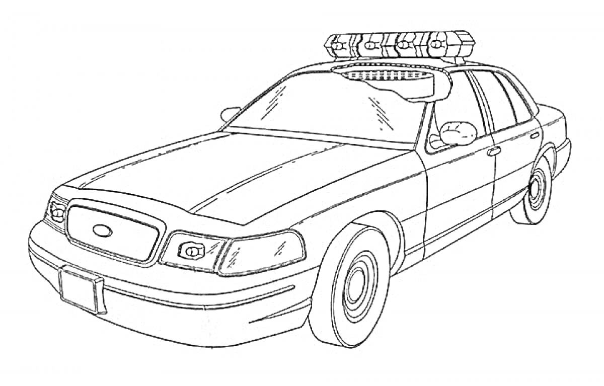 На раскраске изображено: Полицейская машина, Мигалки, Полиция, Служебный транспорт