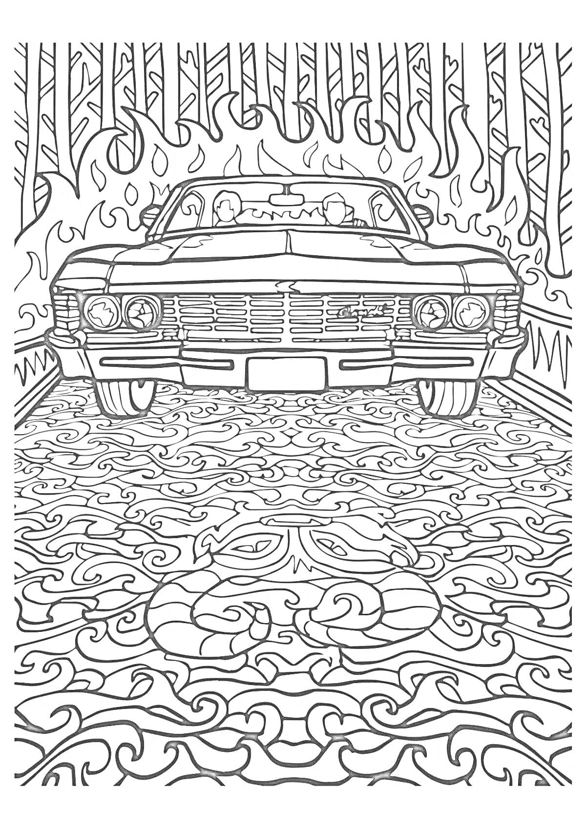Раскраска Классический автомобиль на узорчатой дороге и фоне леса из огня