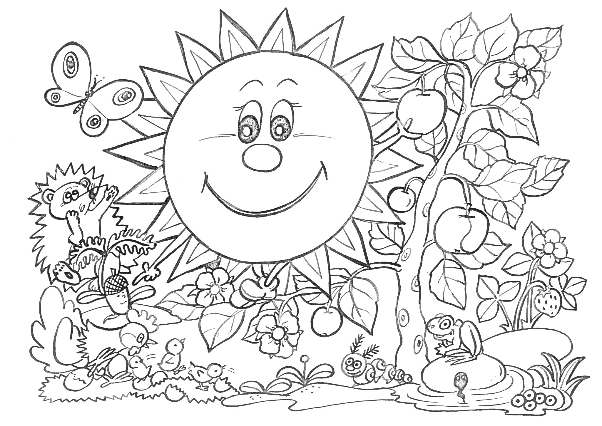 На раскраске изображено: Природа, Лес, Солнце, Бабочка, Яблоня, Цветы, 5 лет, 6 лет
