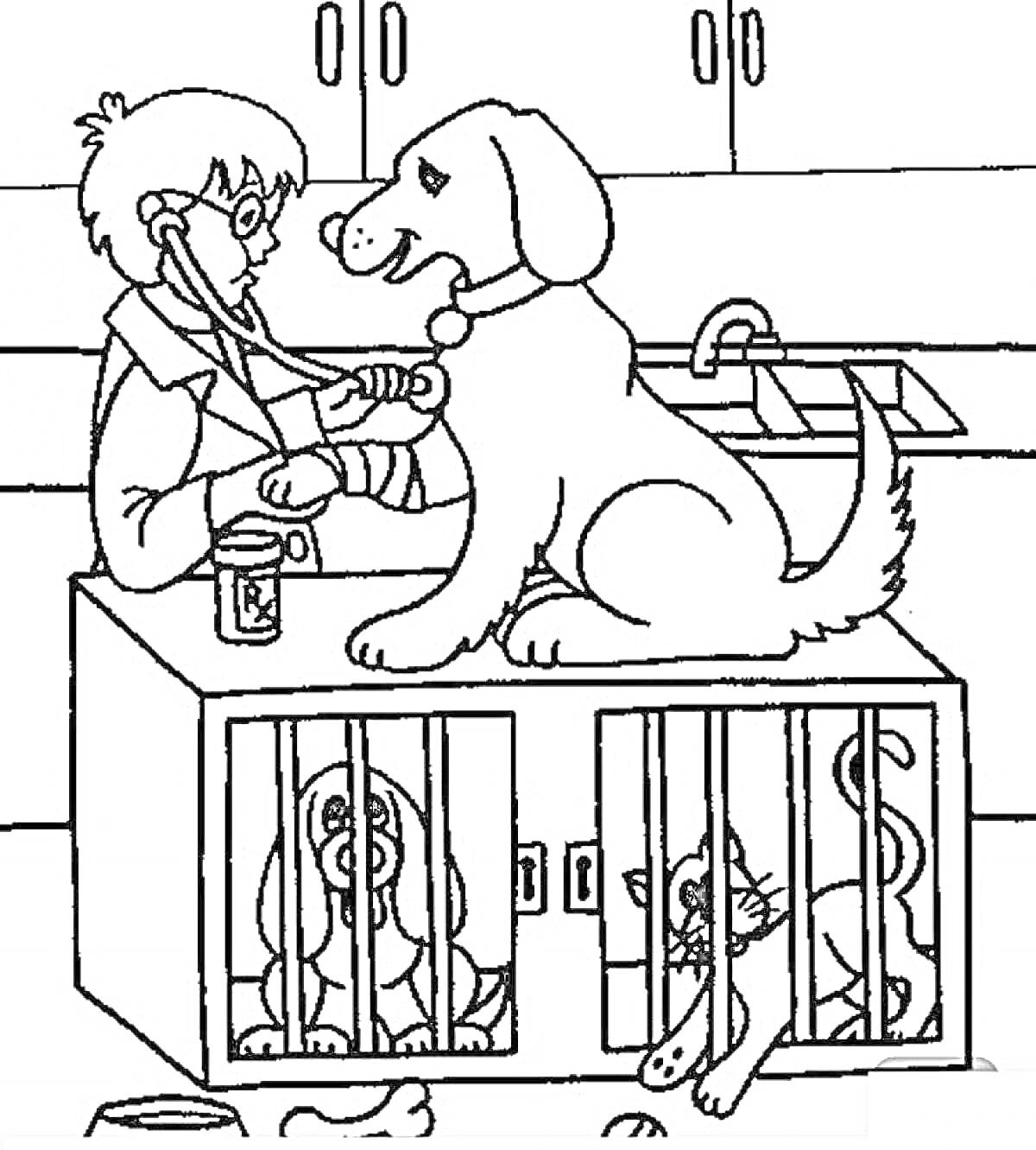 Раскраска Ветеринар осматривает собаку на столе в клинике, в клетках под столом находится собака и кот