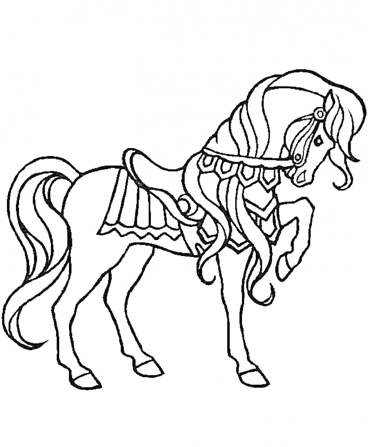 На раскраске изображено: Лошадь, Грива, Накидка, Украшения, Животные, Контурные рисунки