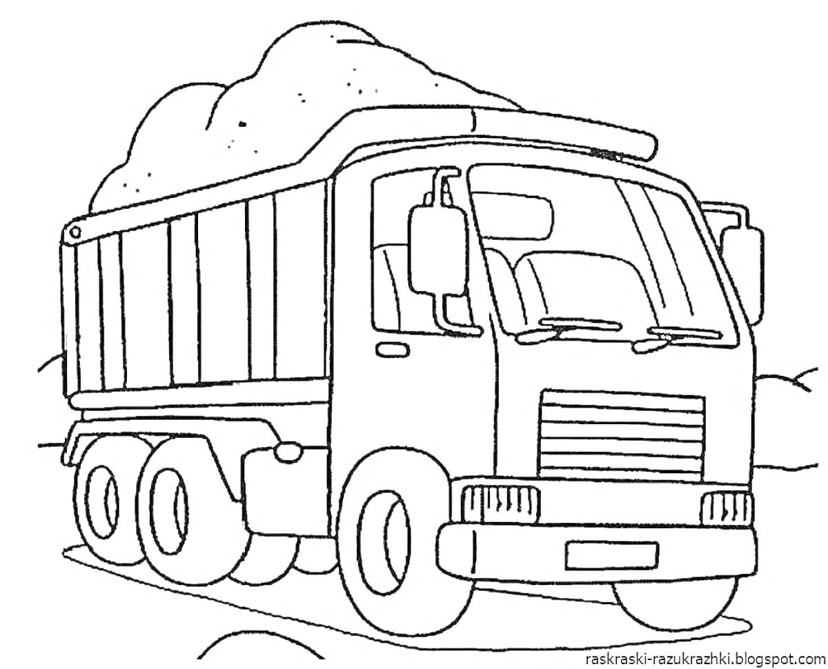На раскраске изображено: Груз, Транспорт, Для детей, Грузовая машина, Дороги