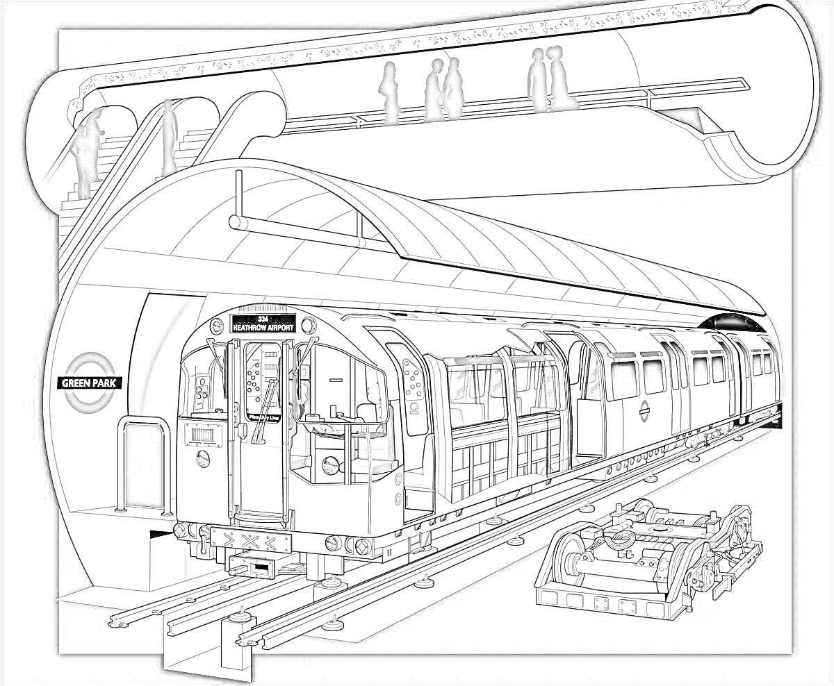 Раскраска Поезд метро на платформе со входом в туннель, эскалатором и людьми наверху