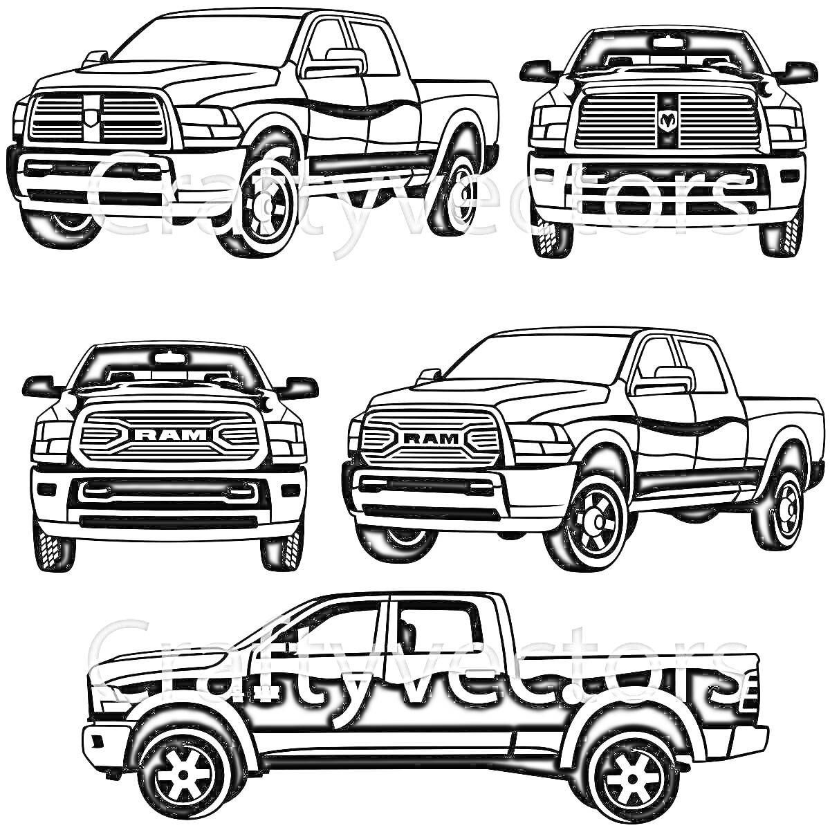 Раскраска Раскраска с пятью изображениями Dodge Ram, вид спереди, сбоку и трехчетвертной вид