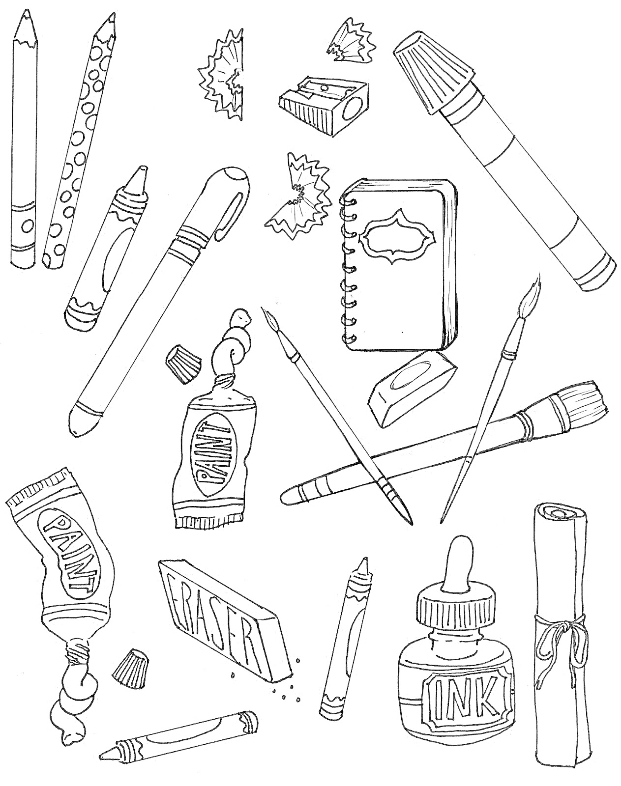 Канцелярские принадлежности (карандаши, ручки, точилки, линейка, краска, тюбик с краской, кисти, блокнот, стерка, чернильница, свиток)