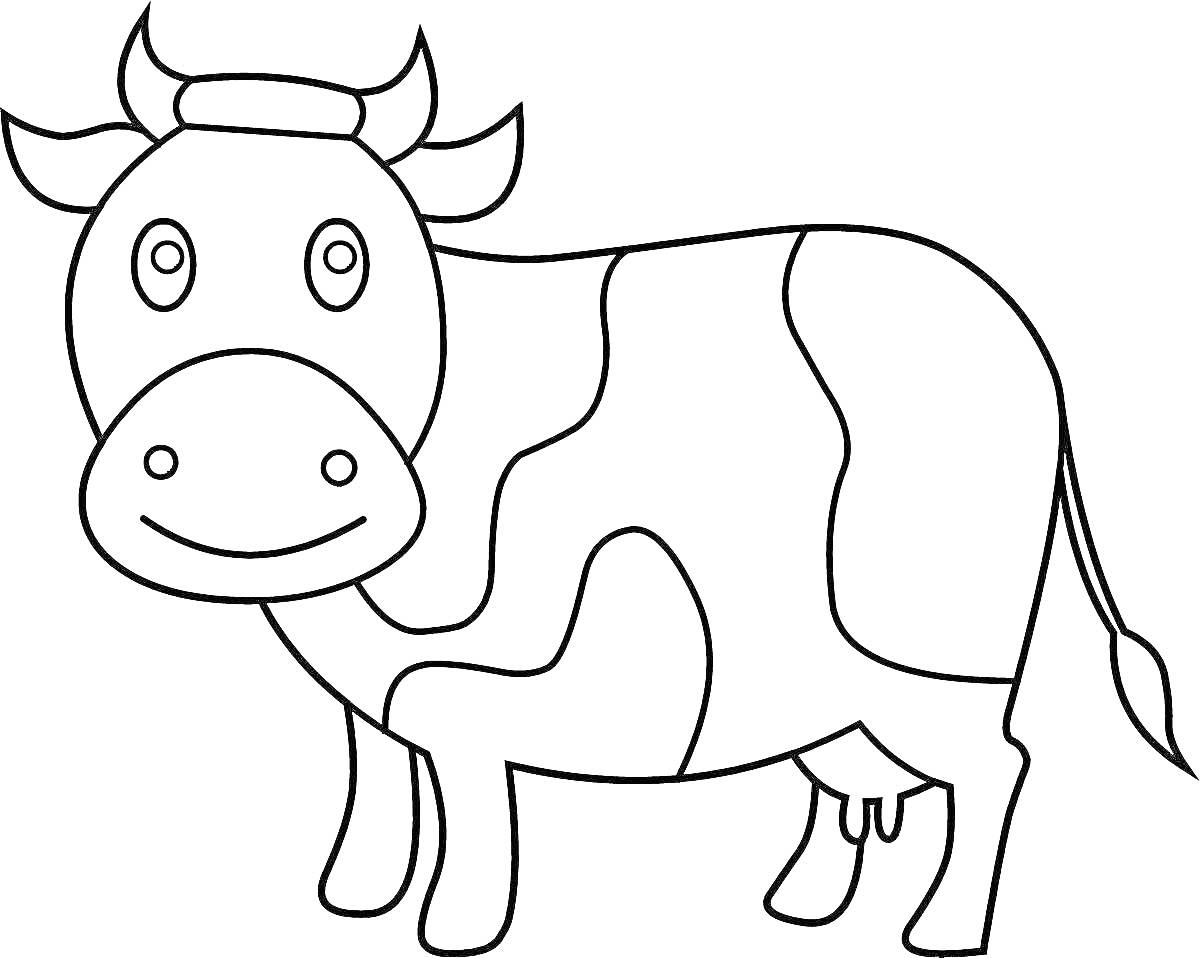 На раскраске изображено: Корова, Животные, Пятна, Хвост, Рога, Улыбка