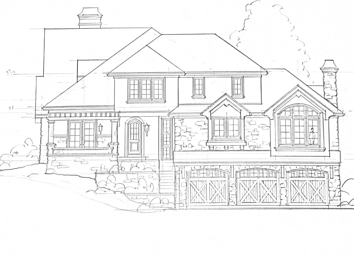 На раскраске изображено: Двухэтажный дом, Каменный дом, Гараж, Мансарда, Крыша, Труба, Архитектура, Окна