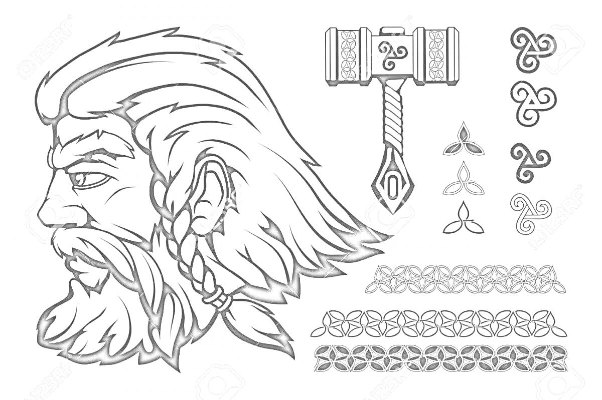 Раскраска Портрет Перуна со стилизованным молотом и кельтскими узорами