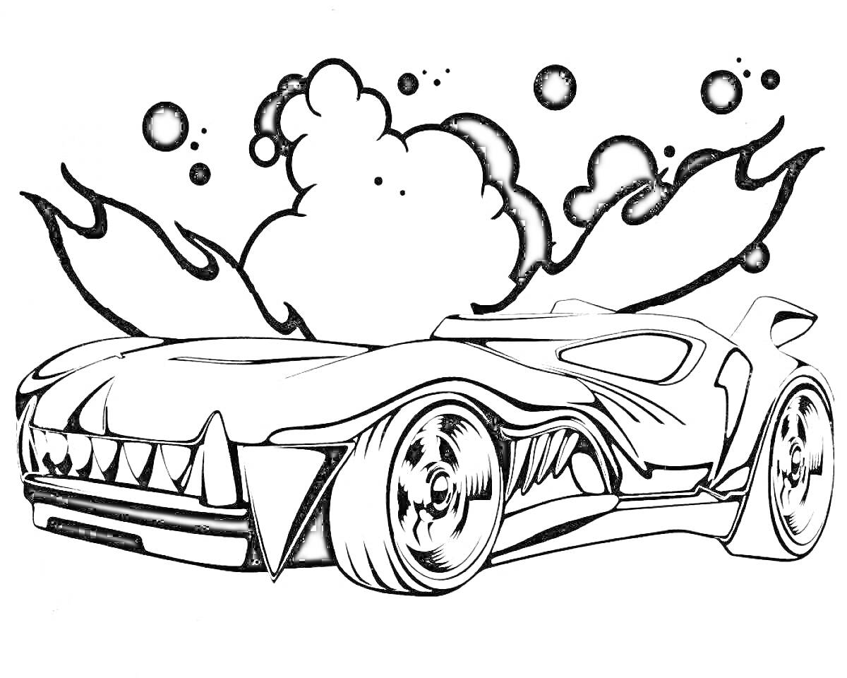 На раскраске изображено: Хот Вилс, Пламя, Дым, Скорость, Для детей, Авто, Гоночный автомобиль