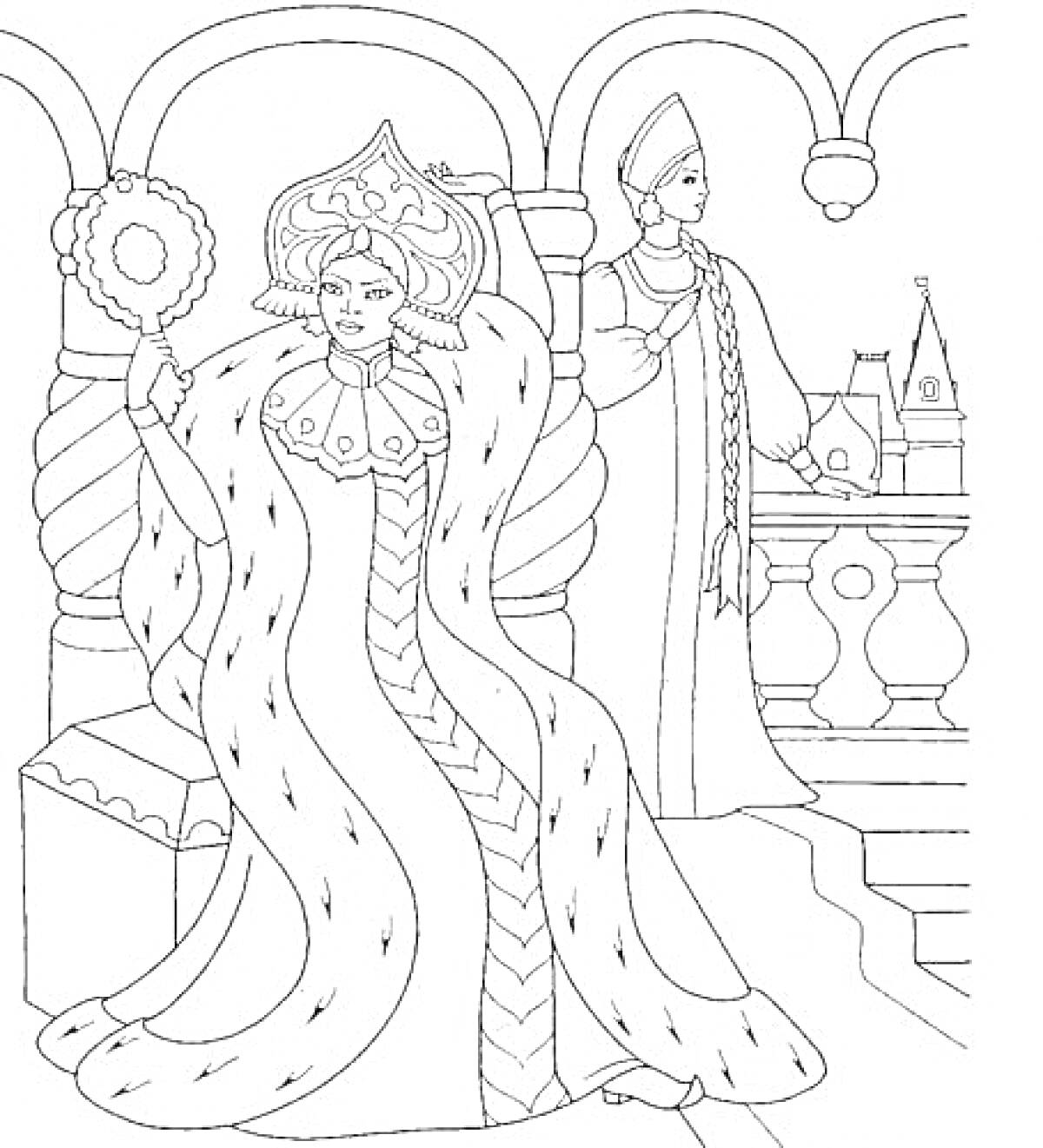 Царица с зеркалом и служанка на балконе в сказочном замке