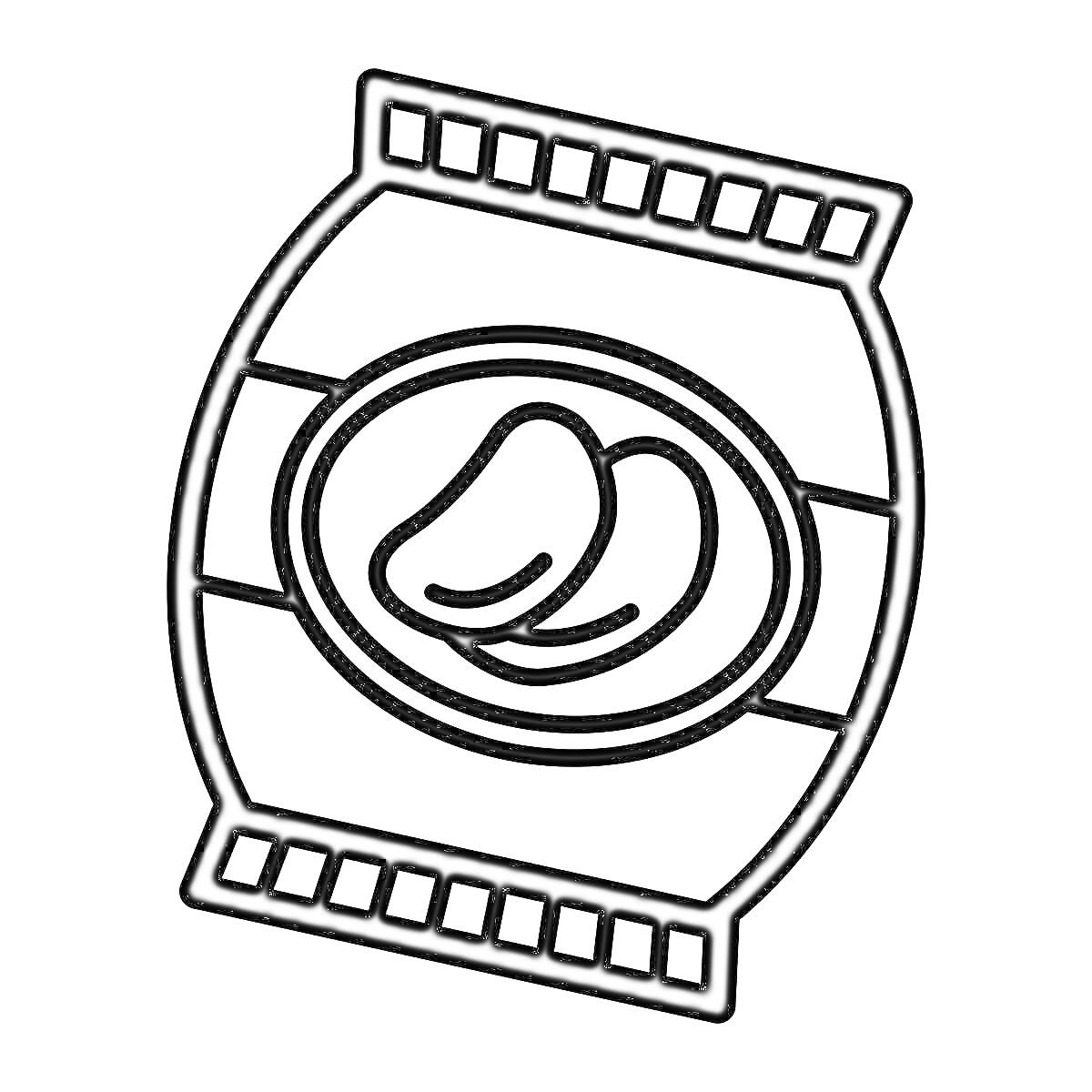 Раскраска Пачка чипсов с рисунком двух чипсов на этикетке и полосками на краях упаковки