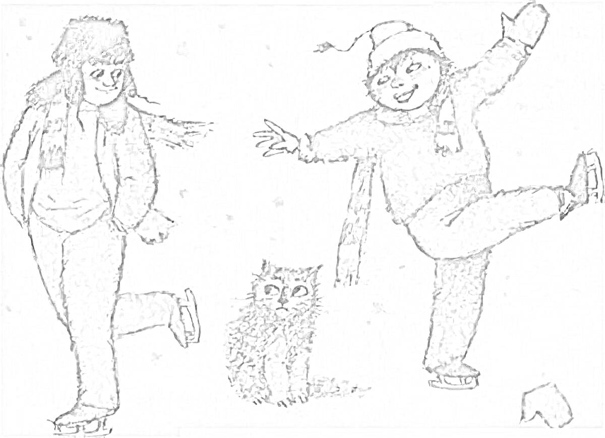 Раскраска Два катающихся на коньках человека рядом с котом