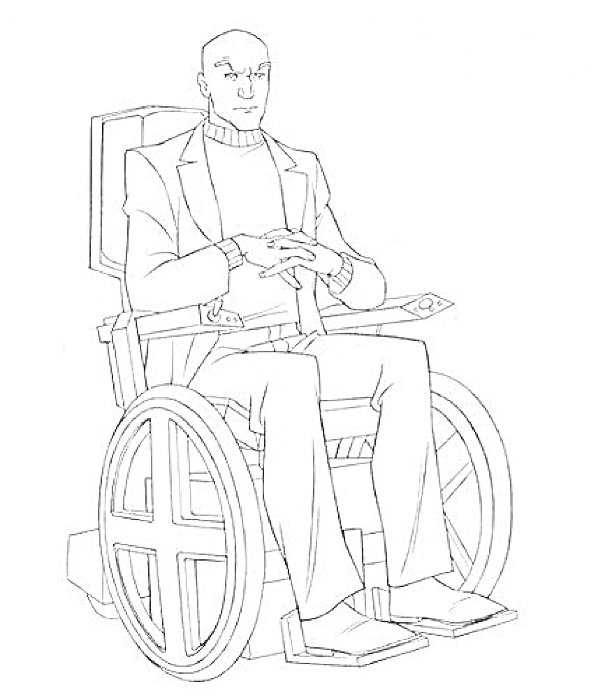 На раскраске изображено: Человек, Инвалидная коляска, Кресло, Мужчина, Костюм, Сидячее положение, Лысый, Серьёзное выражение лица