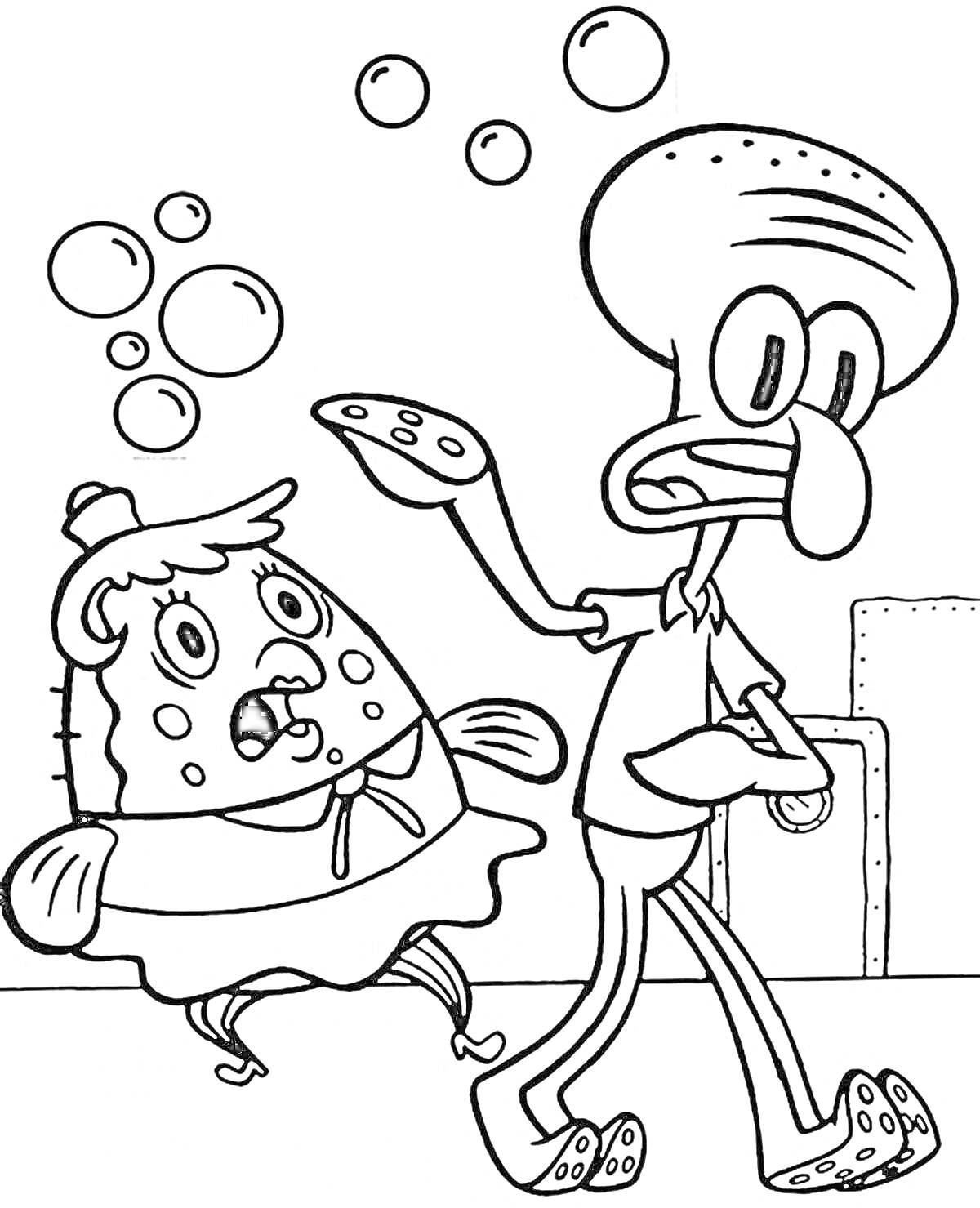 На раскраске изображено: Губка Боб, Сквидвард, Пузыри, Подводный мир