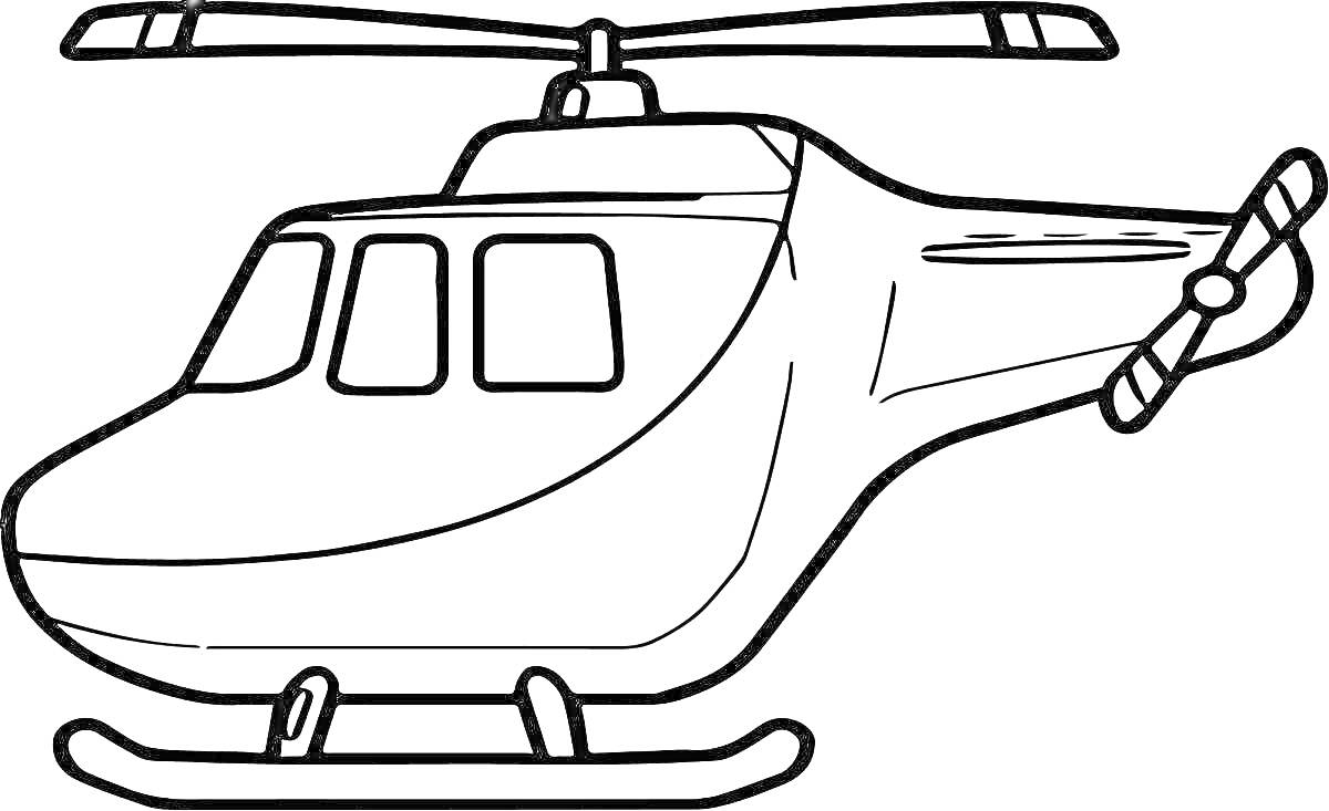 На раскраске изображено: Вертолет, Воздушный транспорт, Лопасти, Окна, Для детей, 3-4 года