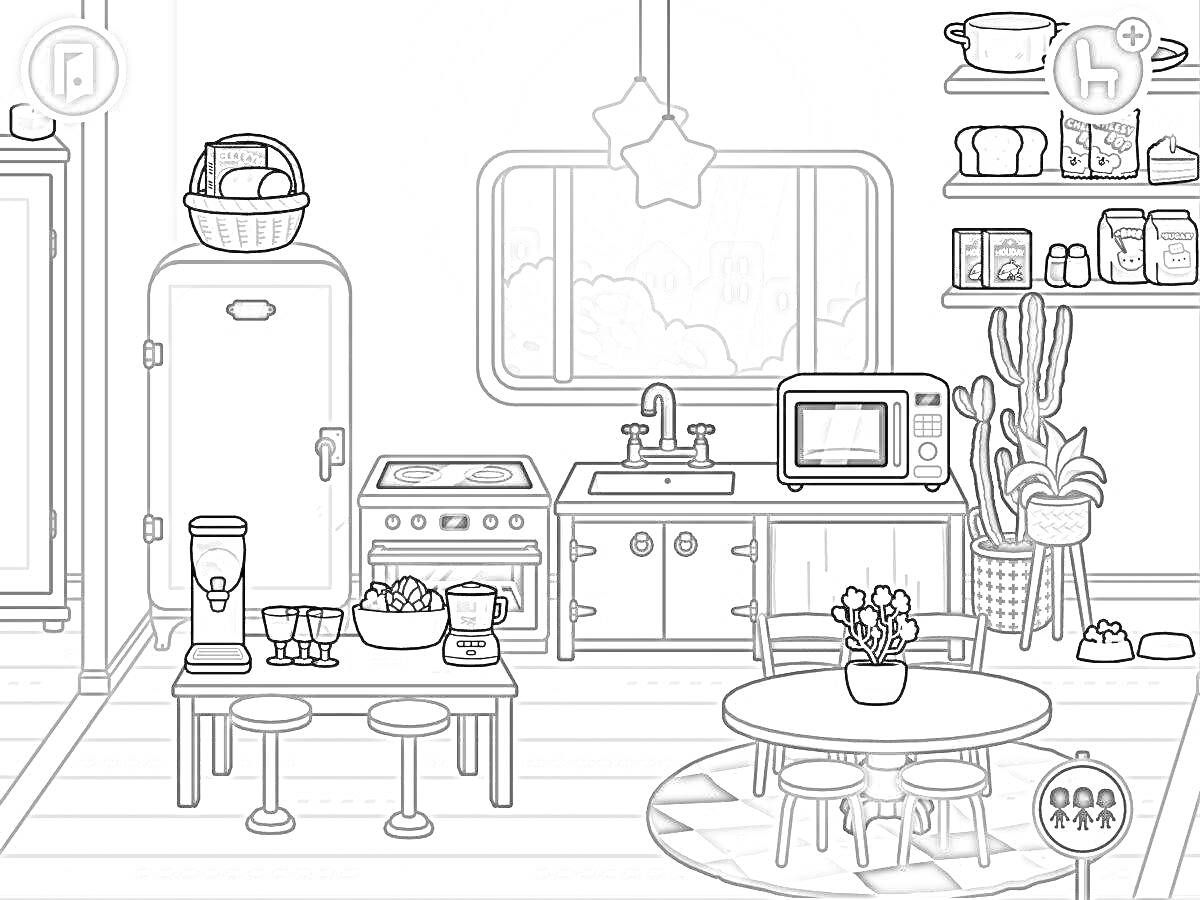 Кухня в доме Тока Бока с холодильником, аркадной игрой, тумбой с посудой и спиртными напитками, столом для трапез с четырьмя стульями, тумбочкой с раковиной и плитой, микроволновкой, открытыми полками с консервами и крупами, и комнатным растением