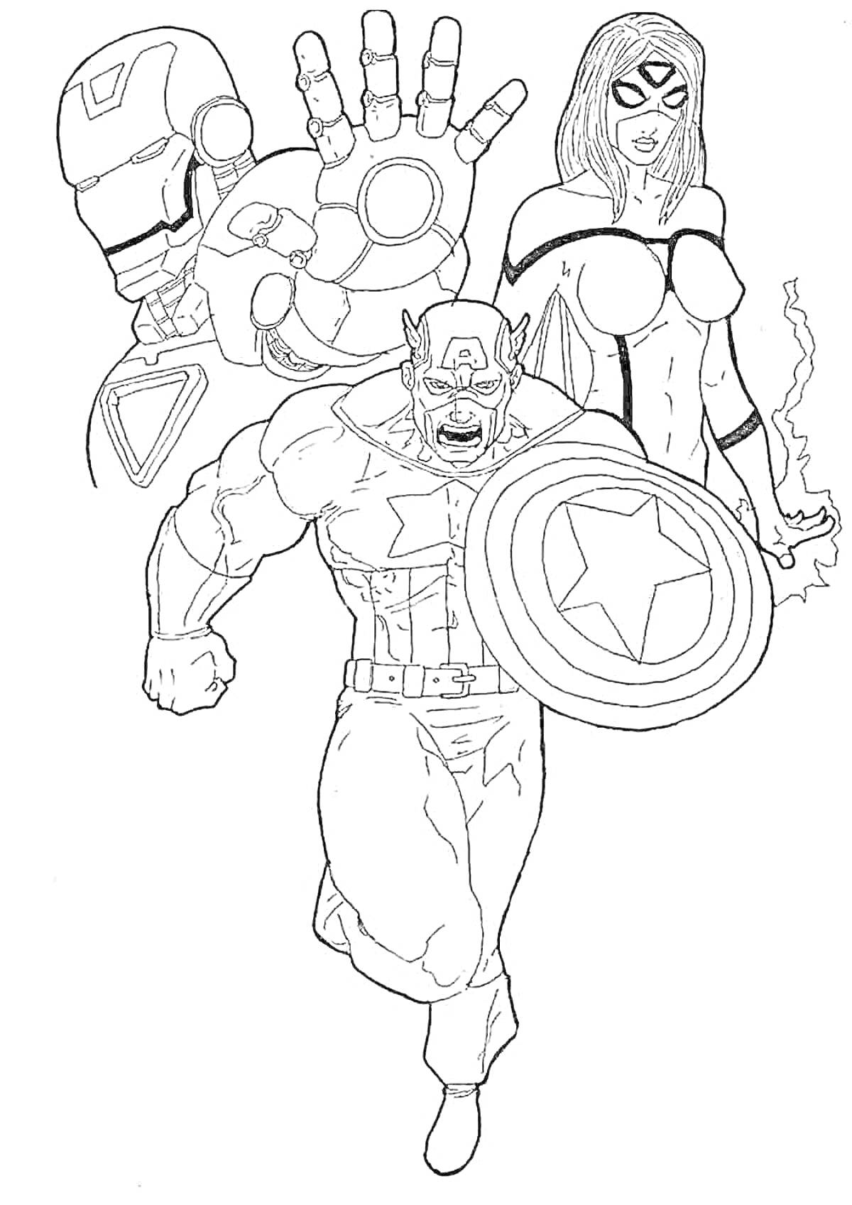 Раскраска Капитан Америка в движении с щитом, Железный Человек, перчатка Железного Человека и Джессика Джонс