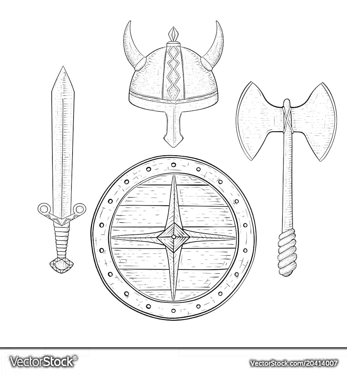 Раскраска Щит, меч, шлем с рогами и боевой топор