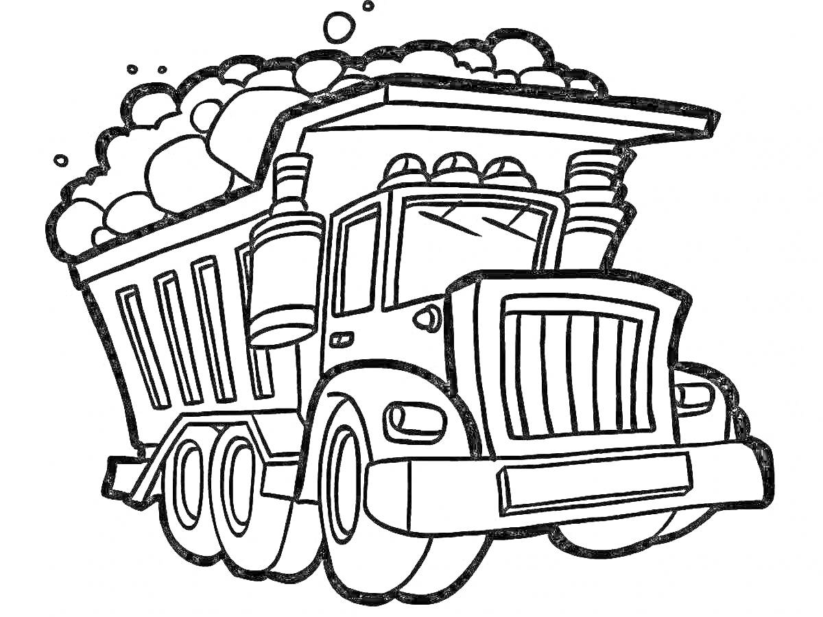 На раскраске изображено: Самосвал, Транспорт, Груз, Колеса, Грузовая машина, Дороги, Авто