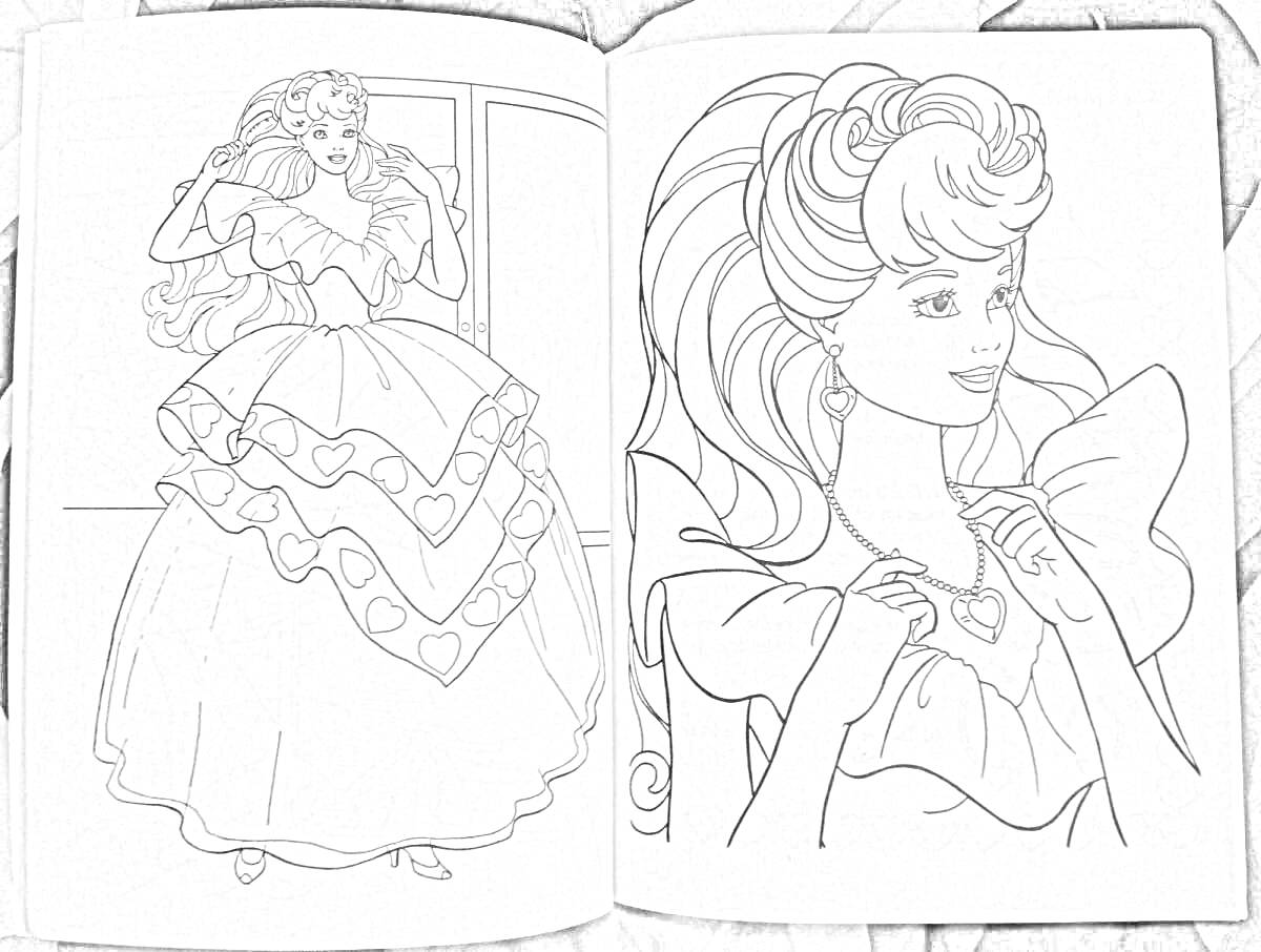 На раскраске изображено: Принцесса, Платье, Ожерелье, Пышное платье, Украшения, Длинные волосы, Женский персонаж