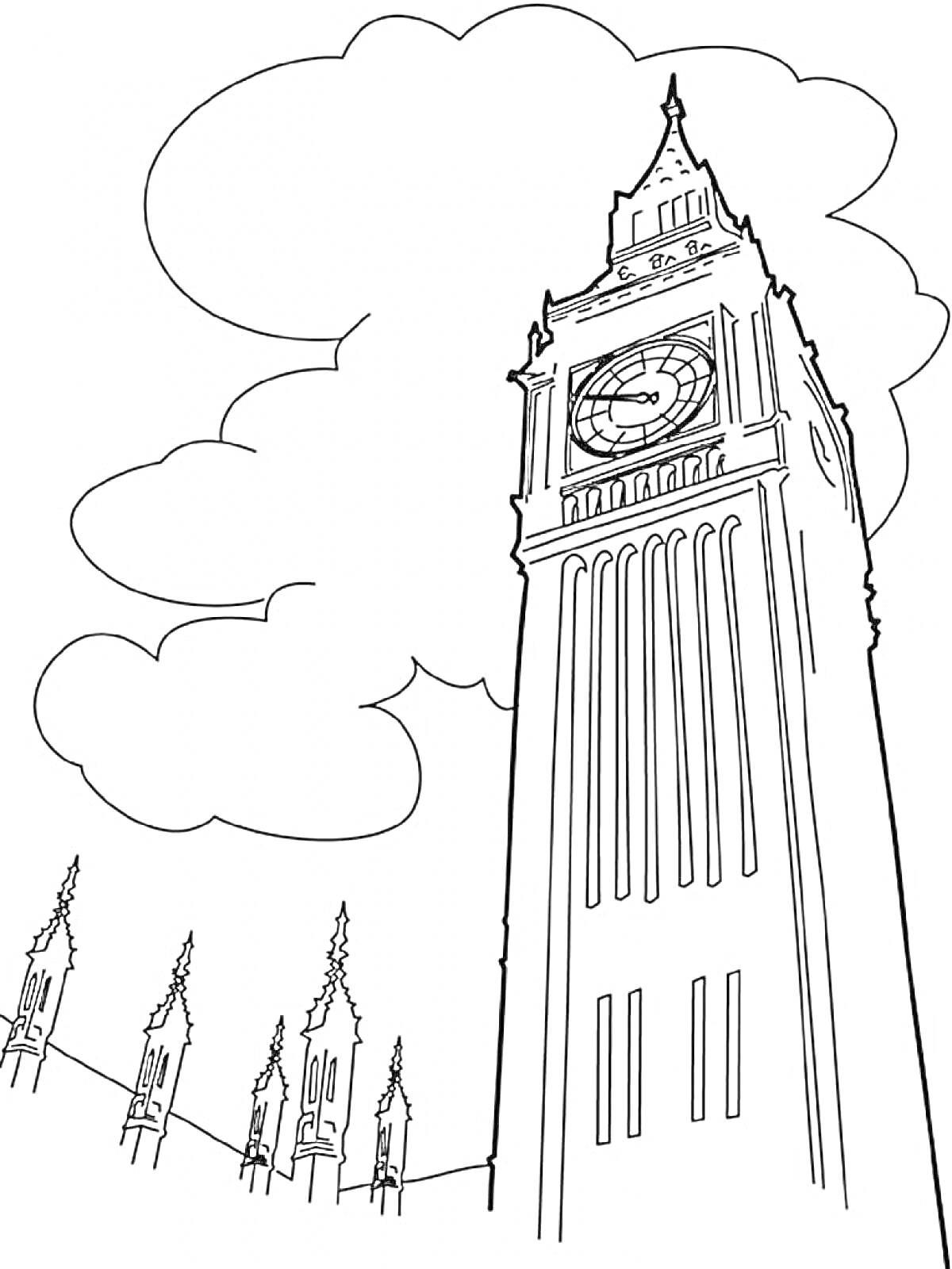 Раскраска Рисунок с изображением Биг-Бена и части здания парламента Великобритании на фоне облаков