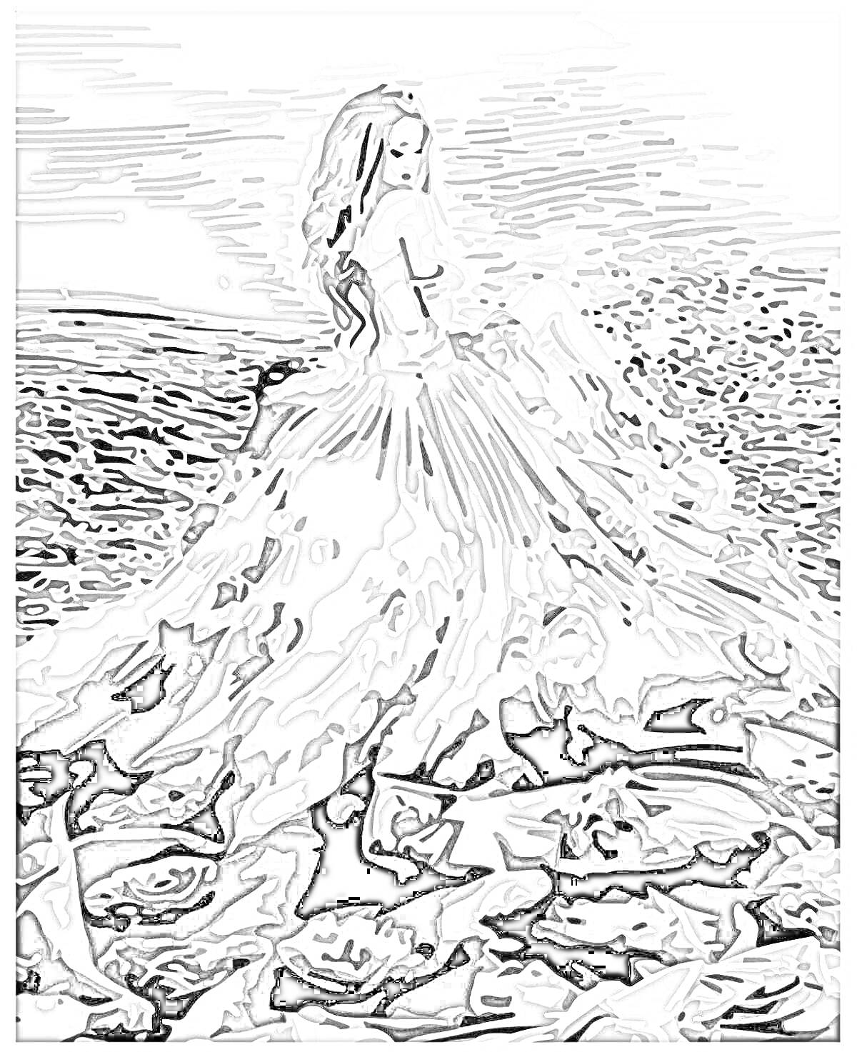 Раскраска Девушка на берегу моря с развевающимся платьем