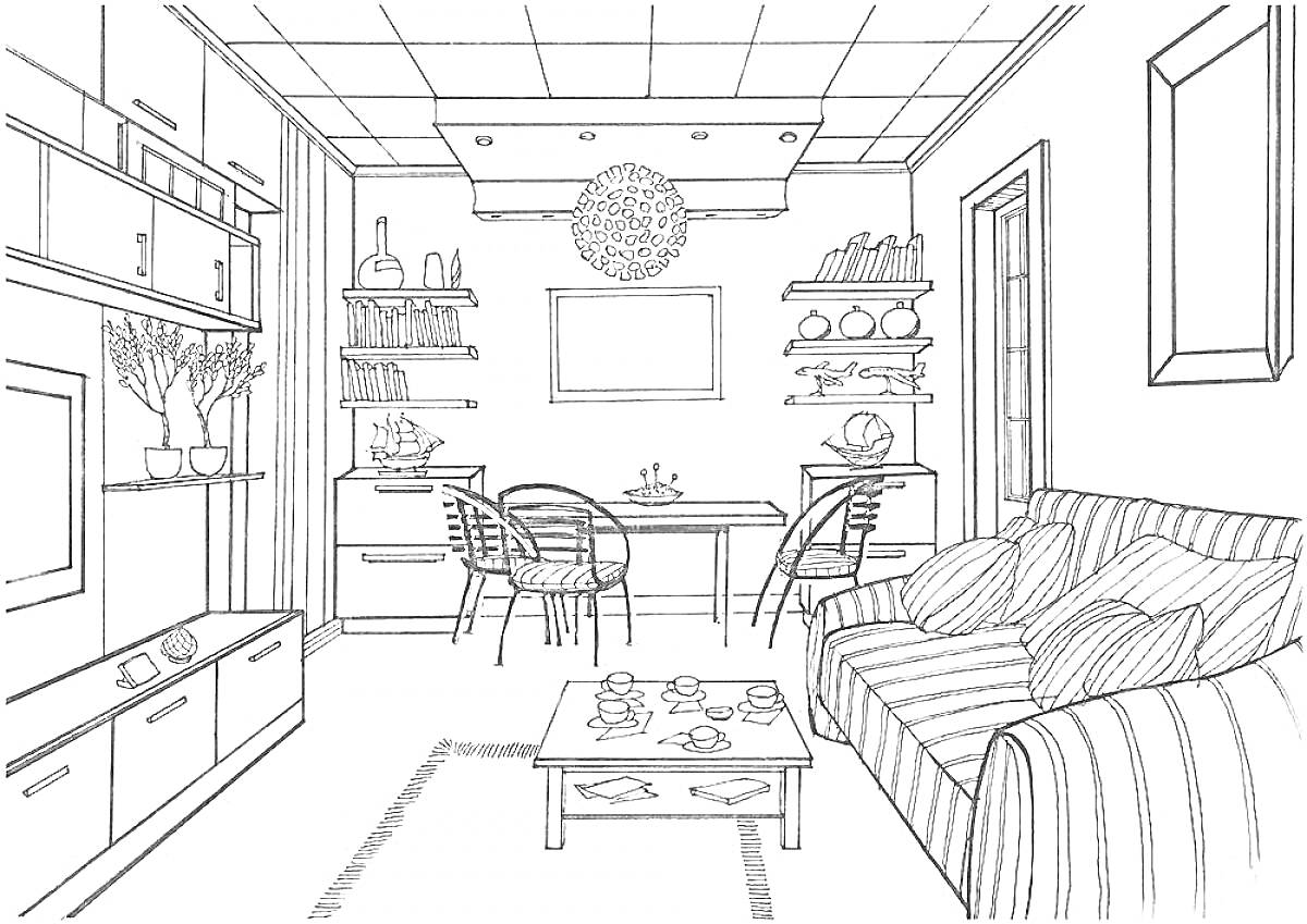 Раскраска Гостиная комната с диваном, журнальным столиком, обеденным столом и стульями, книжными полками, телевизором, висящей лампой, ковром и картинами на стенах