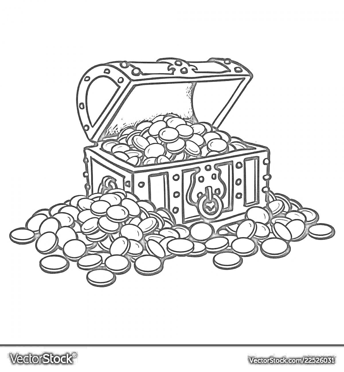 Раскраска Сундук с кладом, полный монет, закрытый на замок, с рассыпанными монетами вокруг