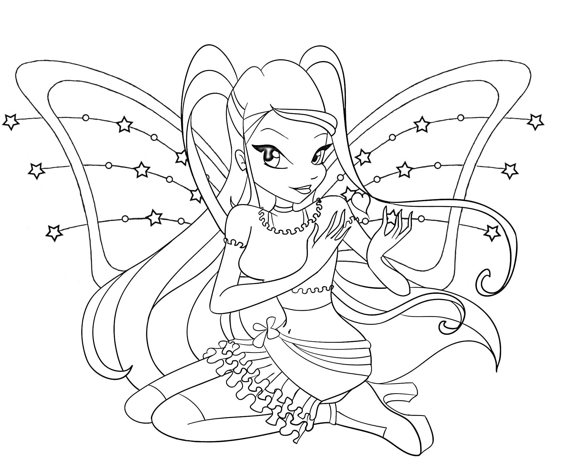 Раскраска Винкс Беливикс с длинными волосами, сидящая с крыльями, украшенными звездами