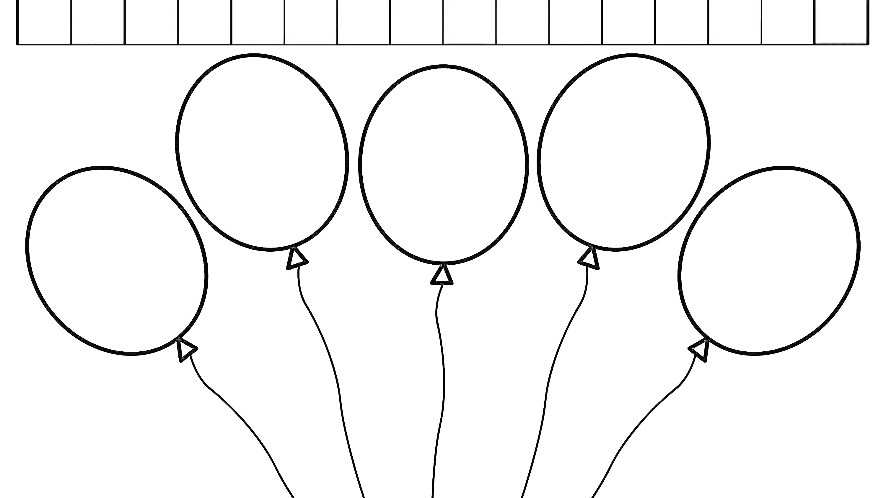 Раскраска Воздушные шарики: пять овальных шариков с ниточками и цветная палитра вверху