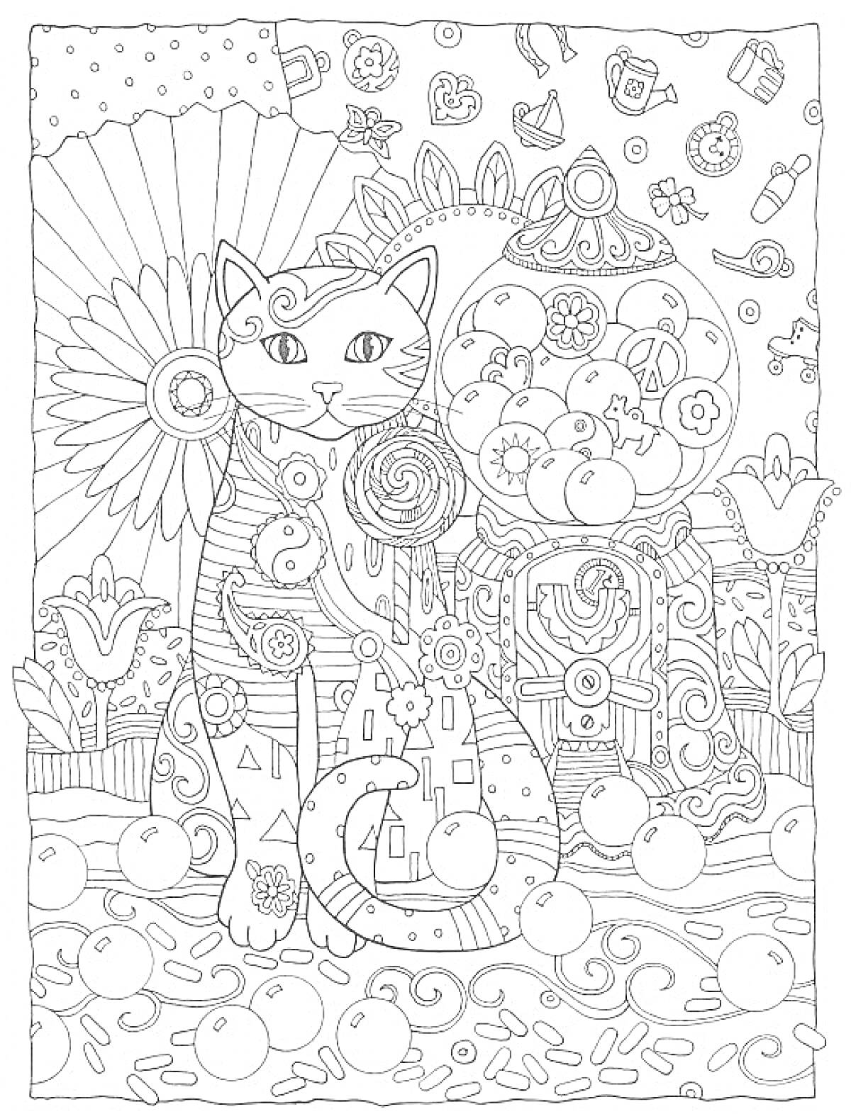 Раскраска Антистресс раскраска с кошкой, цветком, цветочными орнаментами и банками с шариками