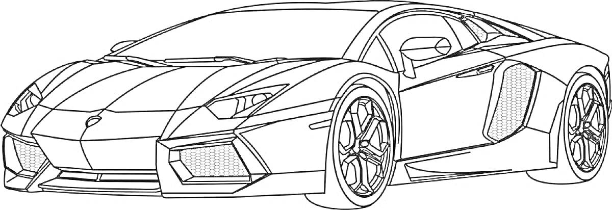 Раскраска Ламборгини спортивный автомобиль с аэродинамическими элементами, деталями кузова, окнами и колесными дисками