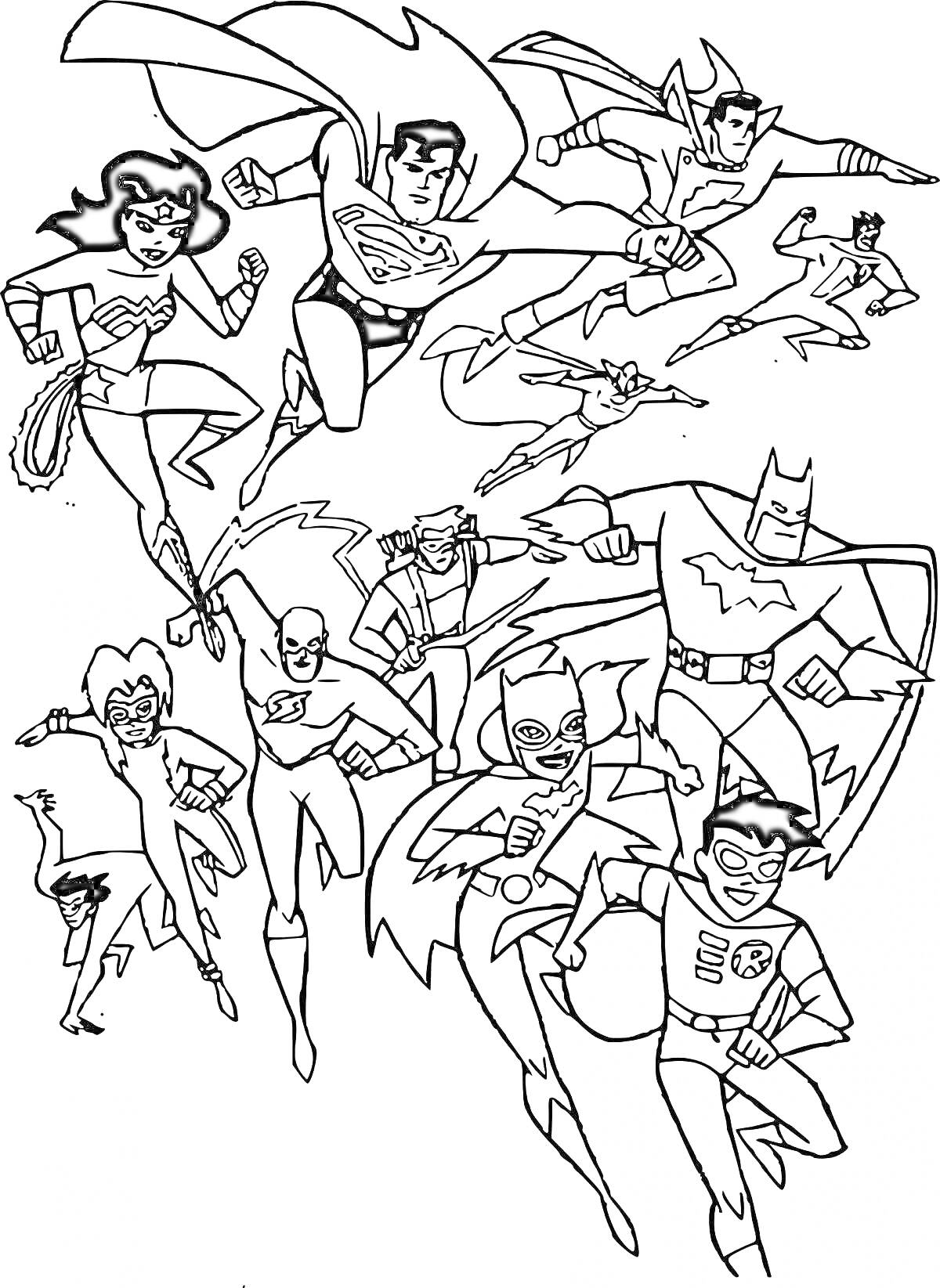 Раскраска группа супергероев, в полете, с разнообразными костюмами и символами