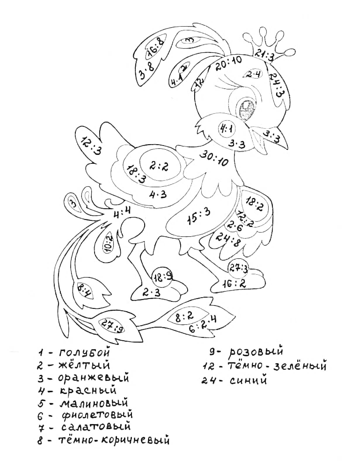 Раскраска Раскраска-птица с примерами на умножение на 2