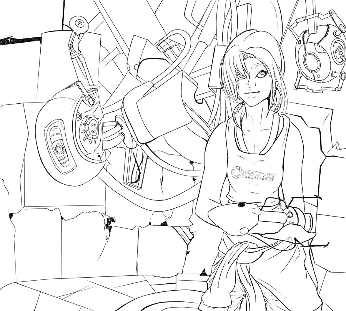 Раскраска Девушка в лаборатории с роботами и электронными устройствами