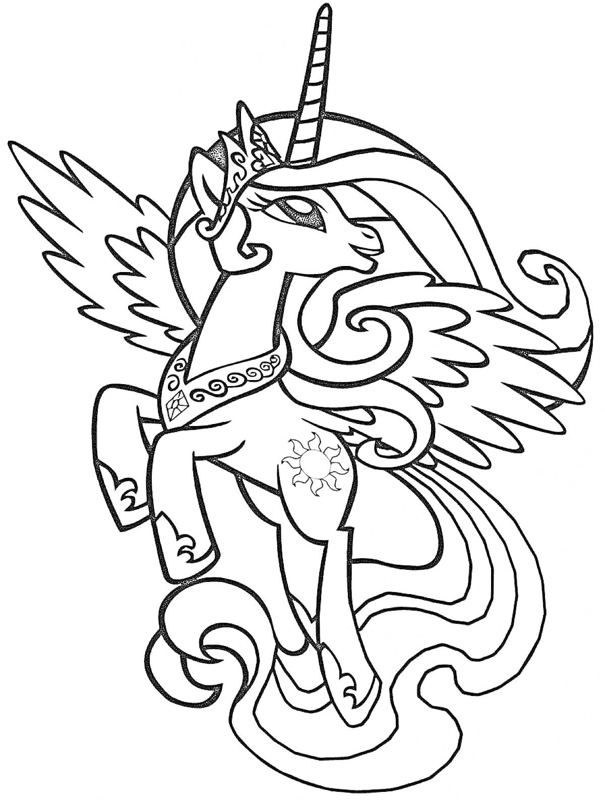 Раскраска Пони Селестия с короной, рогом, крыльями и гривающими волосами