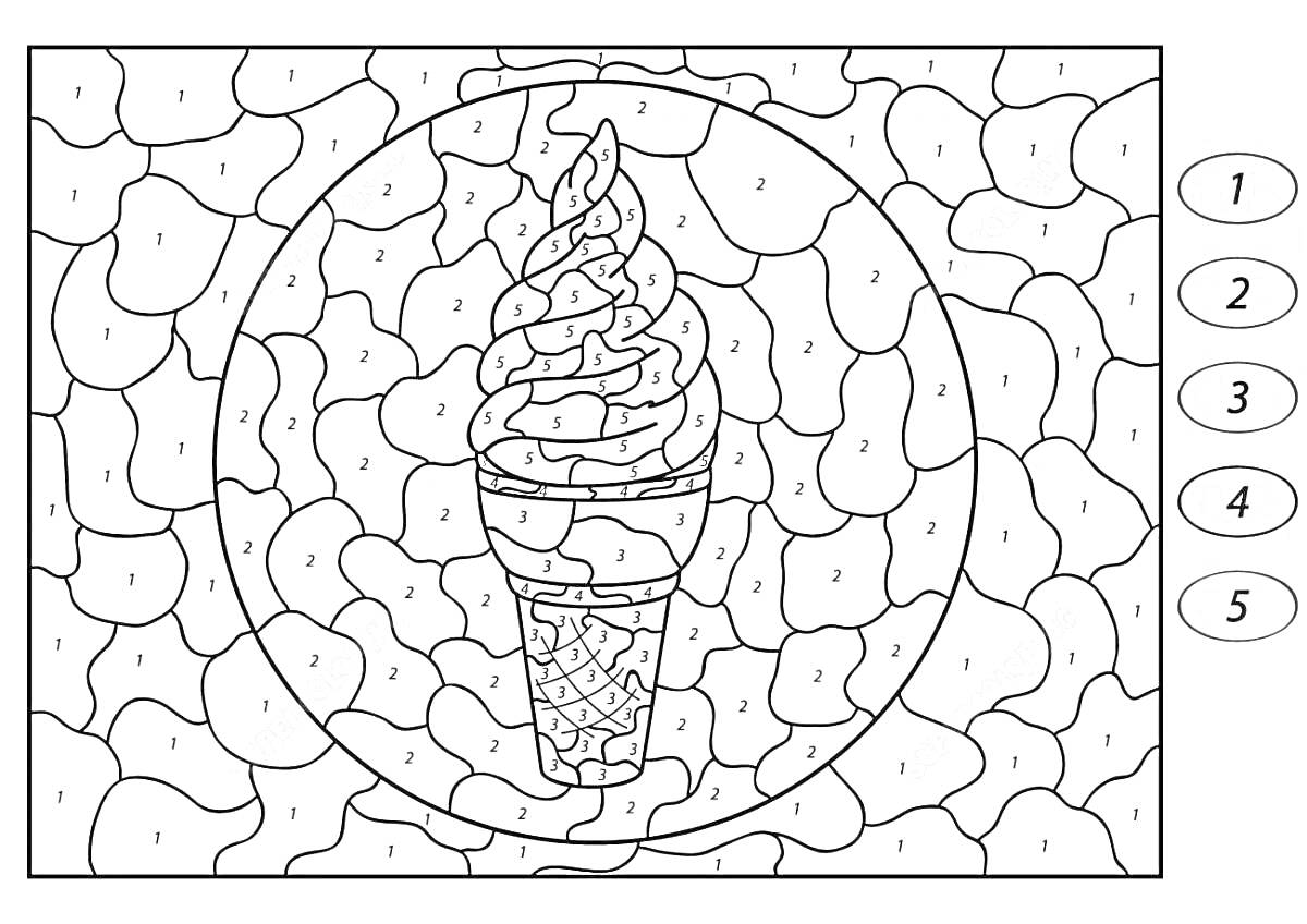 На раскраске изображено: Мороженое, Мозаика, Для взрослых, Без интернета, Рожки
