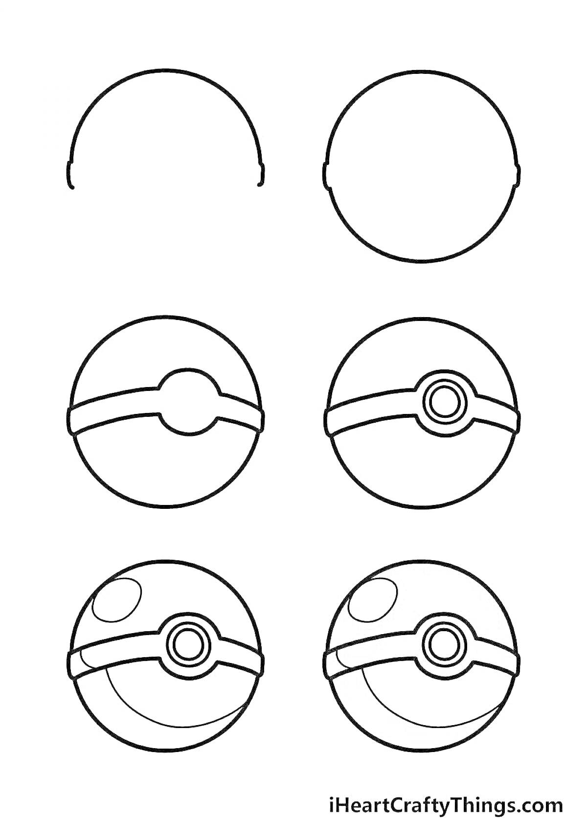 Раскраска Шесть этапов рисования покебола, от начальных контуров до раскрашенного покебола