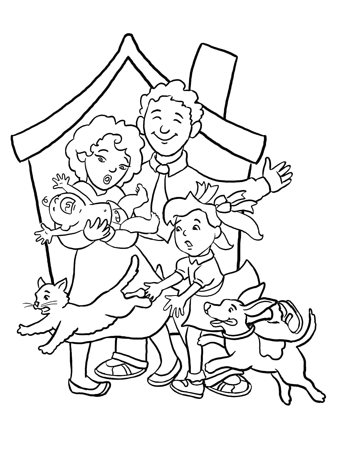 На раскраске изображено: Семья, Девочка, Кот, Собака, Дом, Родители, Ребёнок, Домашние животные, Для детей