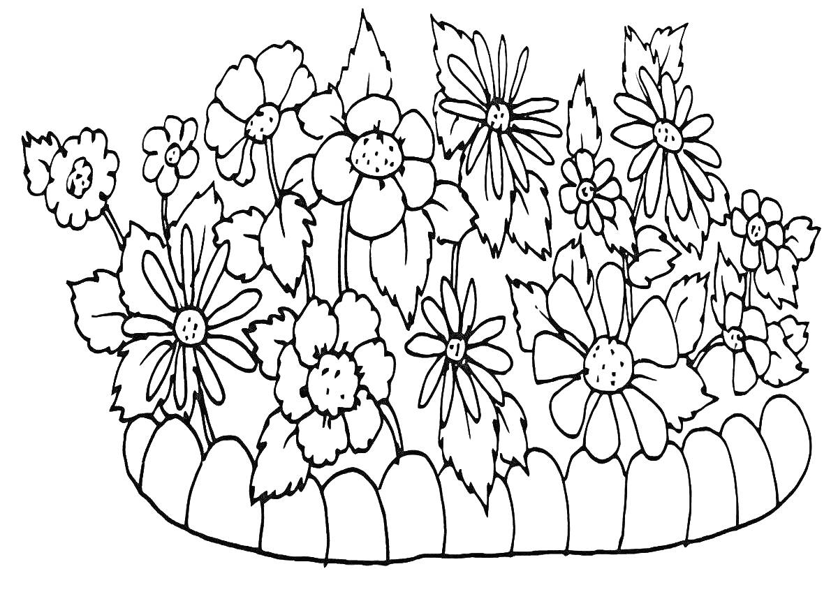 Раскраска Клумба с цветами и ограждением