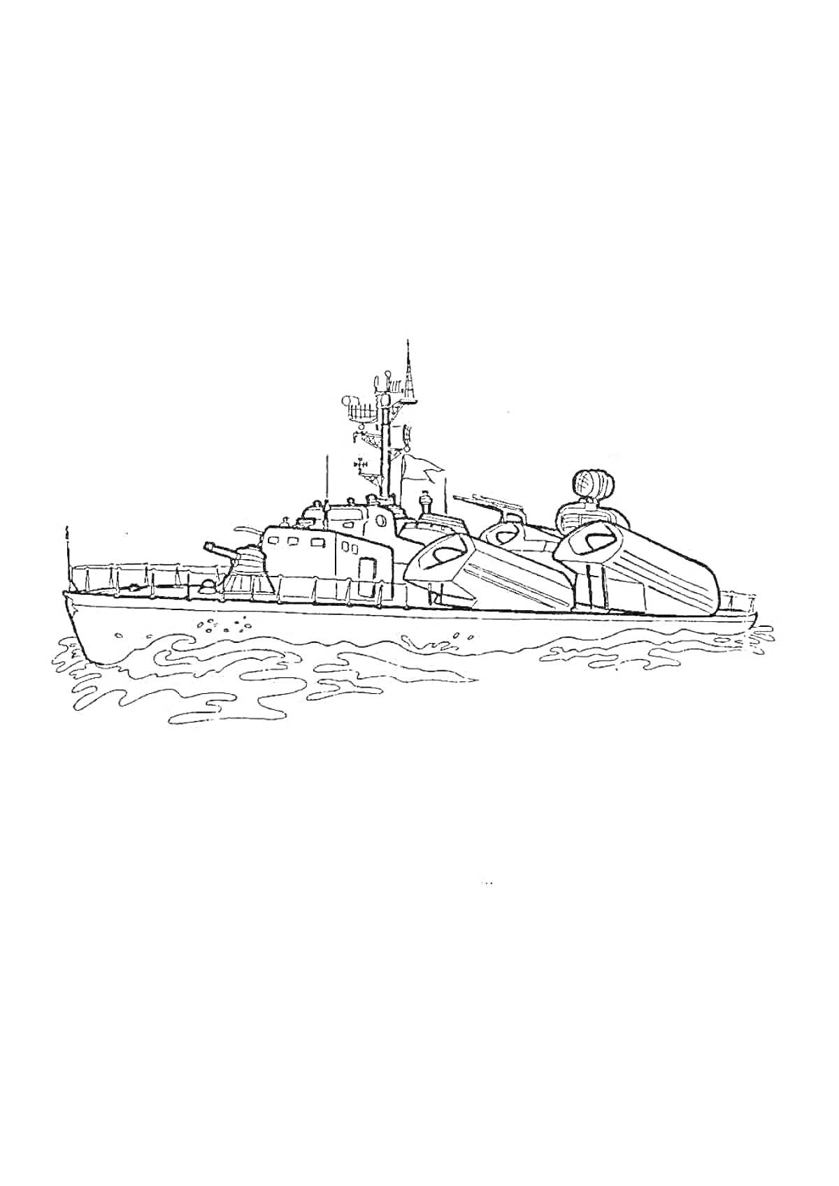 На раскраске изображено: Военный корабль, Радар, Море, 23 февраля, Техника