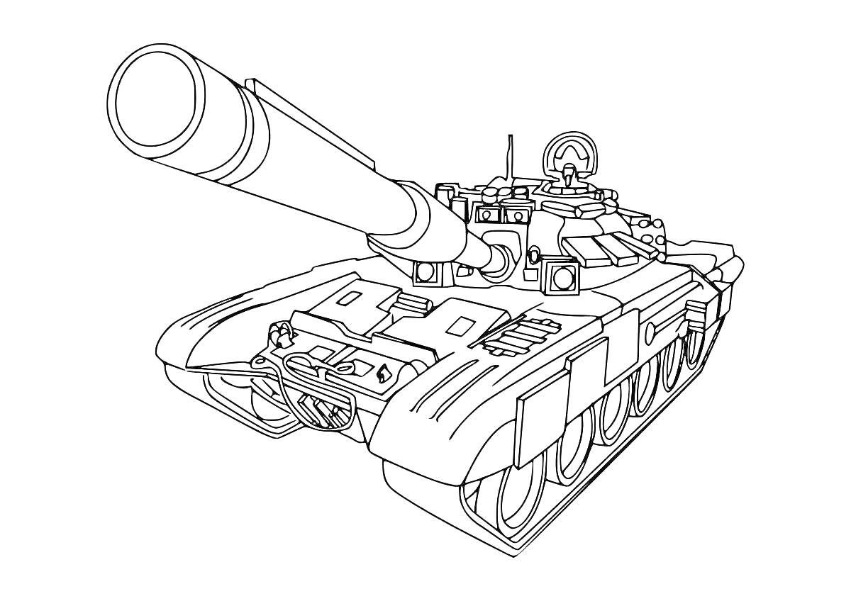 На раскраске изображено: Танк, Т-72, Военная техника, Оружие, Пушка, Гусеницы