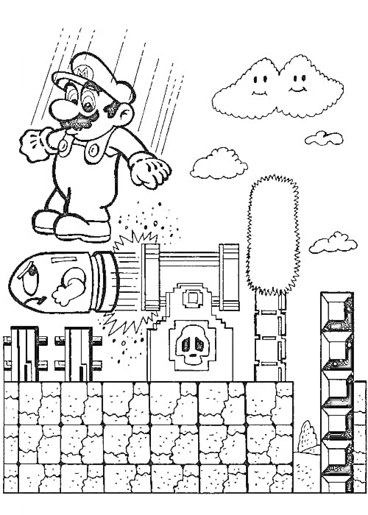 Марио на летящей пуле с облаками, кустом, пушкой и кирпичами