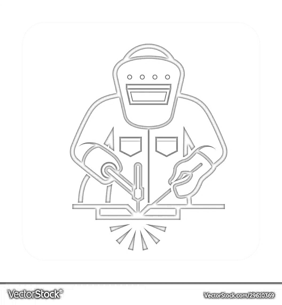 Раскраска Сварщик в защитной маске, держащий сварочный аппарат и выполняющий сварку металла
